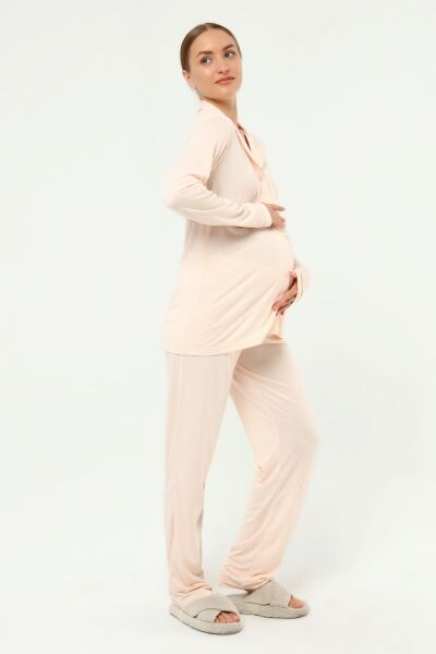 Önden Düğmeli Hamile Lohusa MEVSİMLİK UZUN KOL PİJAMA TAKIMI Düz Somon - 2XL