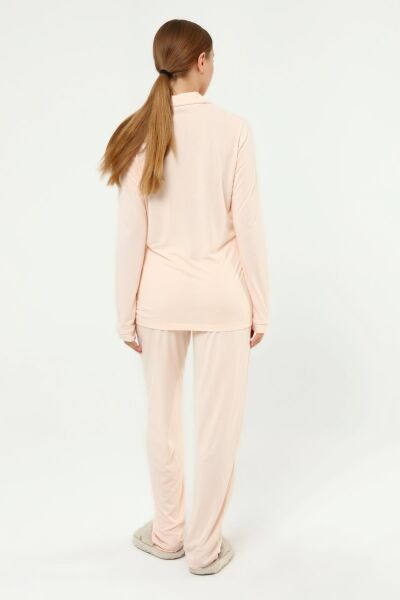 Önden Düğmeli Hamile Lohusa MEVSİMLİK UZUN KOL PİJAMA TAKIMI Düz Somon - 2XL