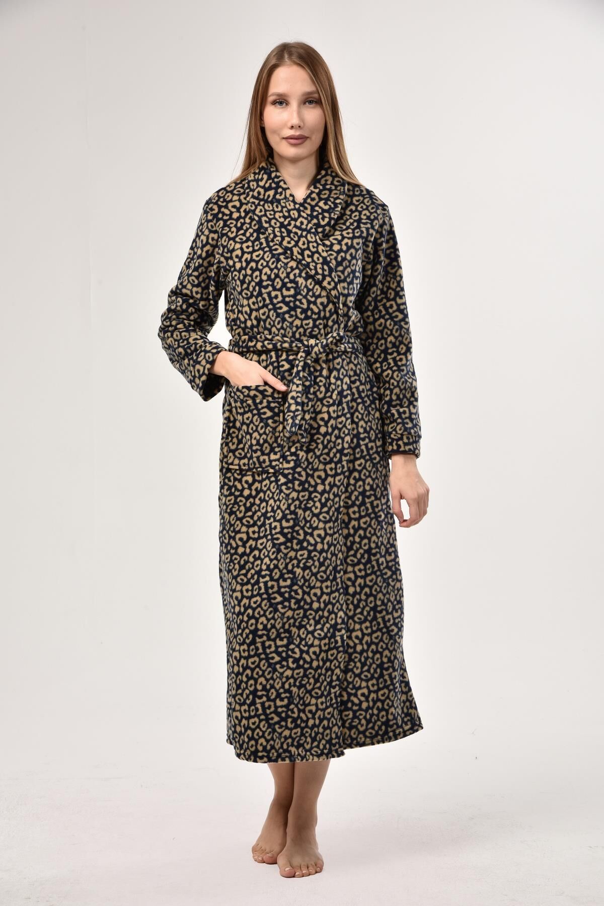 Likapa Uzun Şal Yaka Polar Sabahlık 226 LACİVERT LEOPAR - M
