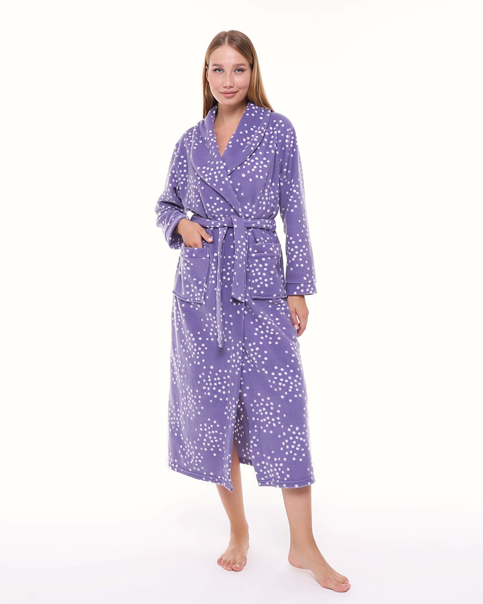 Likapa Uzun Şal Yaka Polar Sabahlık 226 XL - MOR BEYAZ PUANLI