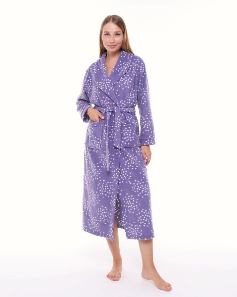 Likapa Uzun Şal Yaka Polar Sabahlık 226 XL - MOR BEYAZ PUANLI