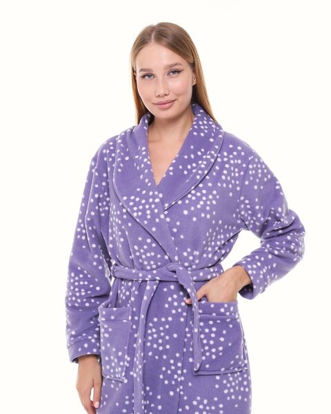 Likapa Uzun Şal Yaka Polar Sabahlık 226 XL - MOR BEYAZ PUANLI