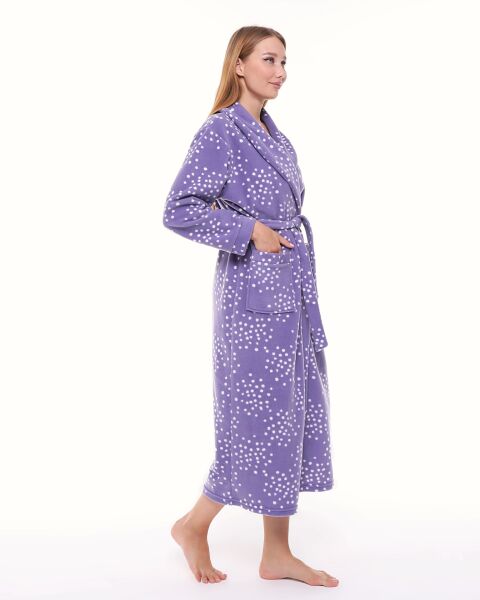 Likapa Uzun Şal Yaka Polar Sabahlık 226 2XL - MOR BEYAZ PUANLI