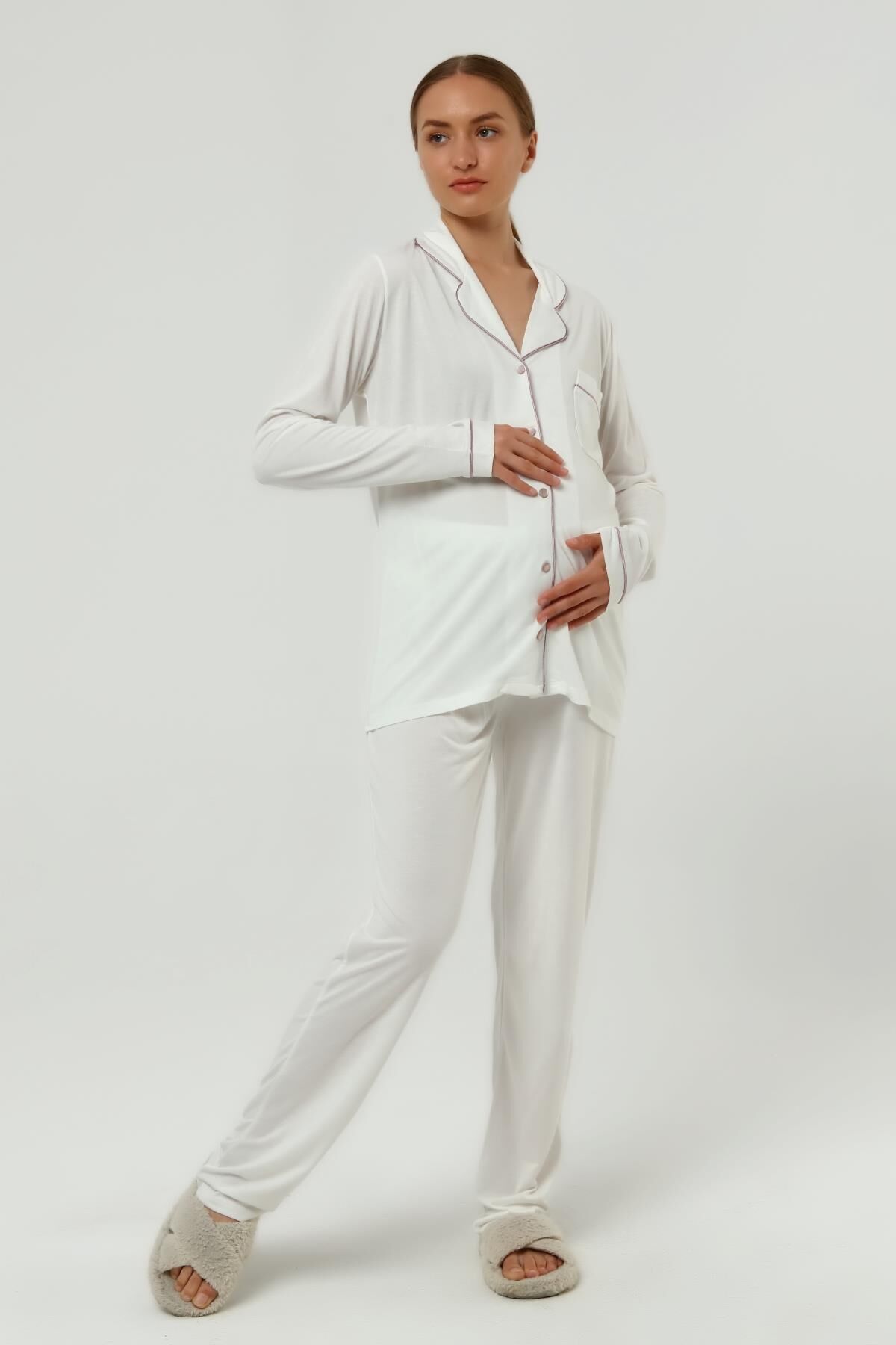 Önden Düğmeli Hamile Lohusa MEVSİMLİK UZUN KOL PİJAMA TAKIMI Düz Ekru - XL