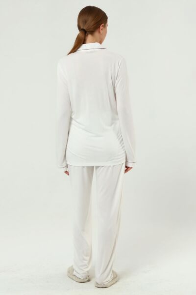 Önden Düğmeli Hamile Lohusa MEVSİMLİK UZUN KOL PİJAMA TAKIMI Düz Ekru - 2XL