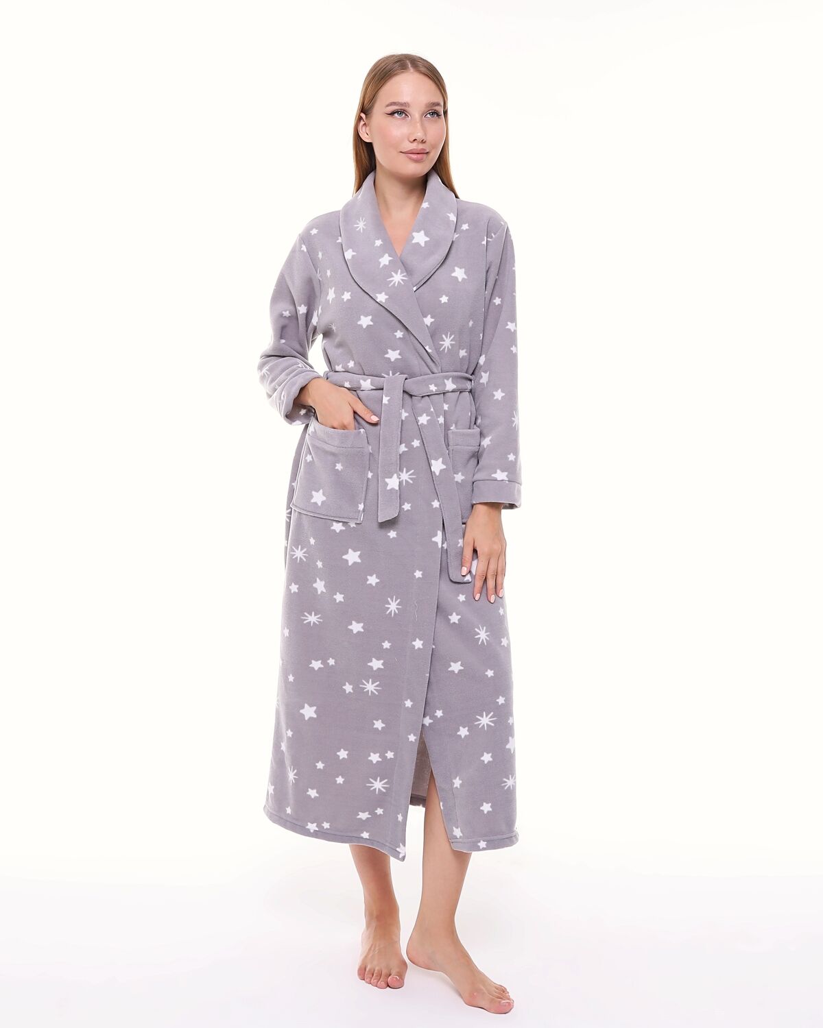 Likapa Uzun Şal Yaka Polar Sabahlık 226 XL - GRİ BEYAZ YILDIZ