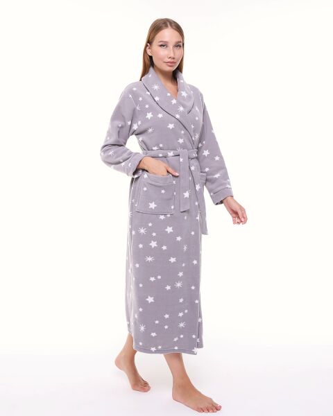 Likapa Uzun Şal Yaka Polar Sabahlık 226 XL - GRİ BEYAZ YILDIZ