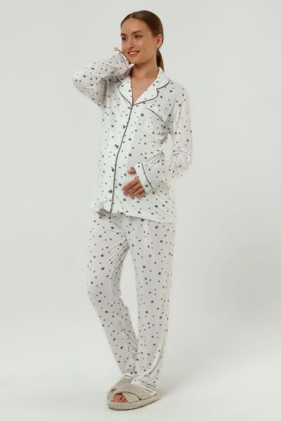 Önden Düğmeli Hamile Lohusa MEVSİMLİK UZUN KOL PİJAMA TAKIMI Ekru Gri Yıldız - XL