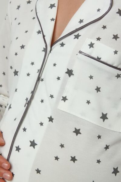 Önden Düğmeli Hamile Lohusa MEVSİMLİK UZUN KOL PİJAMA TAKIMI Ekru Gri Yıldız - XL