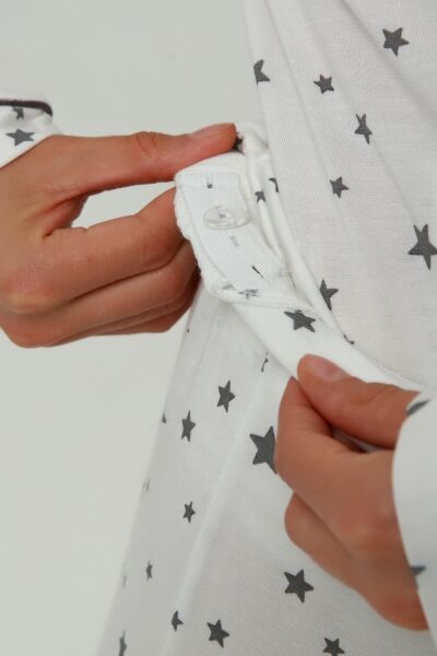 Önden Düğmeli Hamile Lohusa MEVSİMLİK UZUN KOL PİJAMA TAKIMI Ekru Gri Yıldız - XL