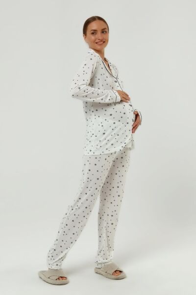 Önden Düğmeli Hamile Lohusa MEVSİMLİK UZUN KOL PİJAMA TAKIMI Ekru Gri Yıldız - XL