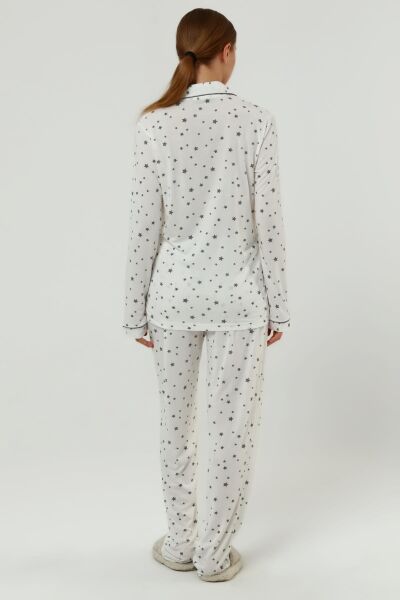 Önden Düğmeli Hamile Lohusa MEVSİMLİK UZUN KOL PİJAMA TAKIMI Ekru Gri Yıldız - 2XL