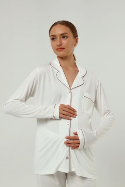 Önden Düğmeli Hamile Lohusa MEVSİMLİK UZUN KOL PİJAMA TAKIMI Düz Ekru - 3XL