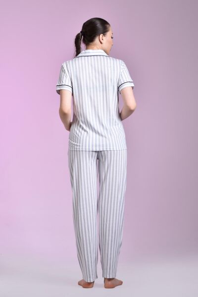 Likapa Penye Önden Düğmeli Hamile Lohusa KISA KOL PİJAMA TAKIMI ,%100 Cotton GRİ ÇİZGİLİ - 3XL