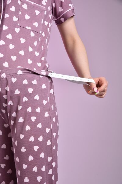 Likapa Penye Önden Düğmeli Hamile Lohusa KISA KOL PİJAMA TAKIMI ,%100 Cotton Kahve Kalpli - M