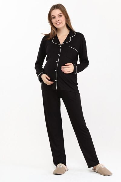 Likapa Önden Düğmeli Hamile Lohusa MEVSİMLİK UZUN KOL PİJAMA TAKIMI M - SİYAH