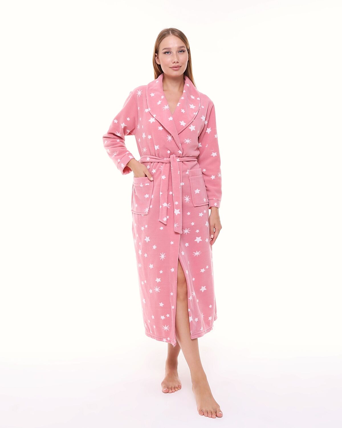 Likapa Uzun Şal Yaka Polar Sabahlık 226 XL - PEMBE BEYAZ YILDIZ