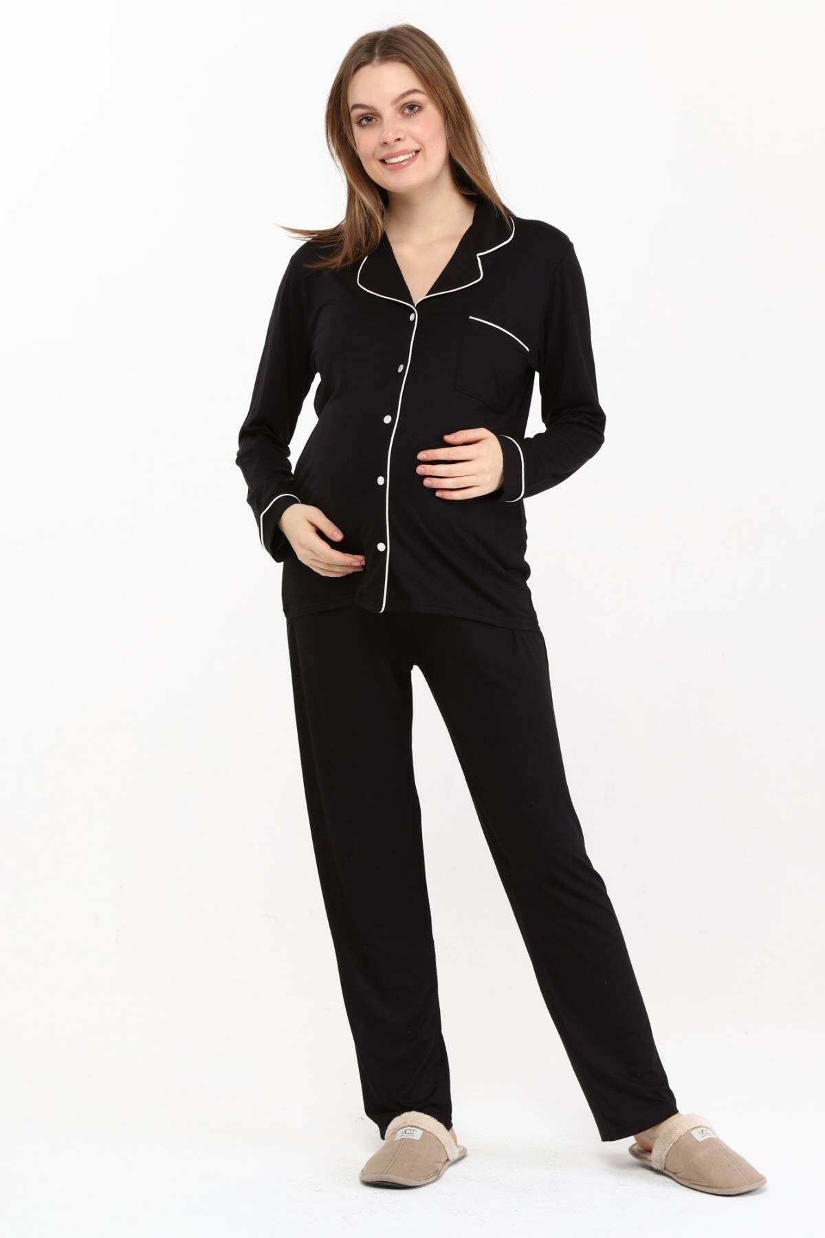 Likapa Önden Düğmeli Hamile Lohusa MEVSİMLİK UZUN KOL PİJAMA TAKIMI L - SİYAH