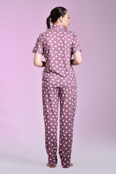Likapa Penye Önden Düğmeli Hamile Lohusa KISA KOL PİJAMA TAKIMI ,%100 Cotton Kahve Kalpli - XL
