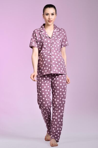 Likapa Penye Önden Düğmeli Hamile Lohusa KISA KOL PİJAMA TAKIMI ,%100 Cotton Kahve Kalpli - 2XL