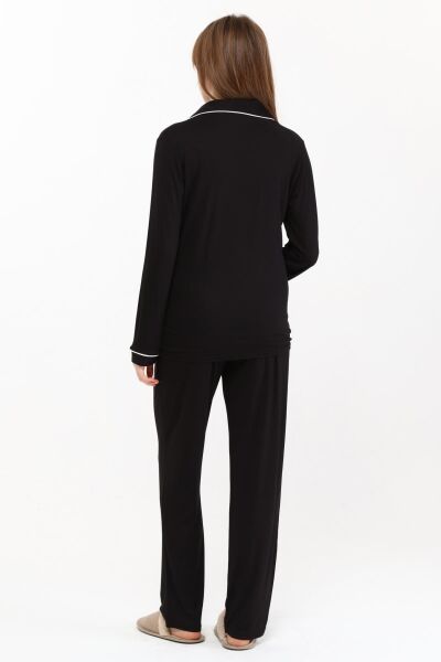 Likapa Önden Düğmeli Hamile Lohusa MEVSİMLİK UZUN KOL PİJAMA TAKIMI 2XL - SİYAH