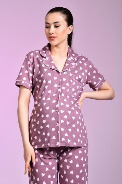 Likapa Penye Önden Düğmeli Hamile Lohusa KISA KOL PİJAMA TAKIMI ,%100 Cotton Kahve Kalpli - 3XL