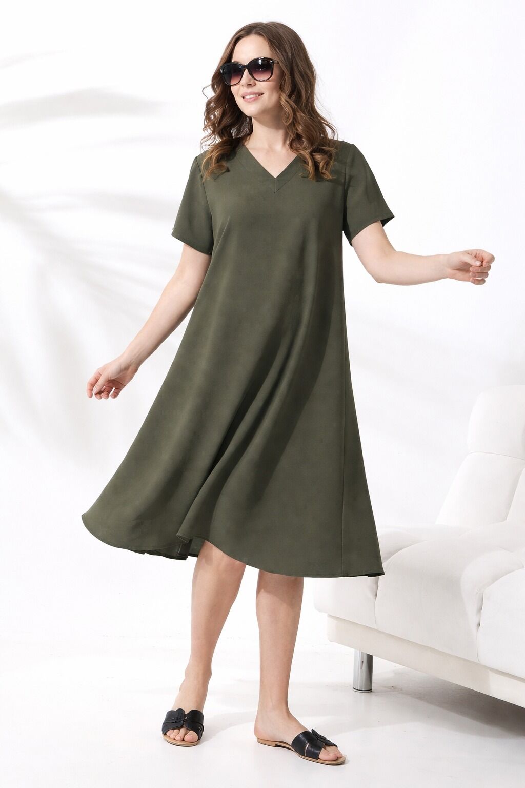 Likapa Yazlık Büyük Beden Viskon  V Yaka Kısa Kol Elbise 2688 Düz Hakii - 2XL