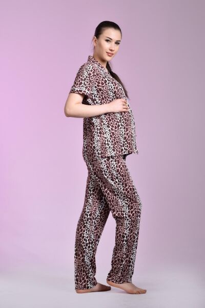 Likapa Penye Önden Düğmeli Hamile Lohusa KISA KOL PİJAMA TAKIMI ,%100 Cotton LEOPAR - M