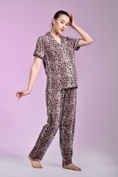 Likapa Penye Önden Düğmeli Hamile Lohusa KISA KOL PİJAMA TAKIMI ,%100 Cotton LEOPAR - L