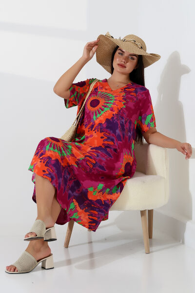 Likapa Yazlık Büyük Beden Viskon  V Yaka Kısa Kol Elbise 2688 fuşya turuncu batik - L