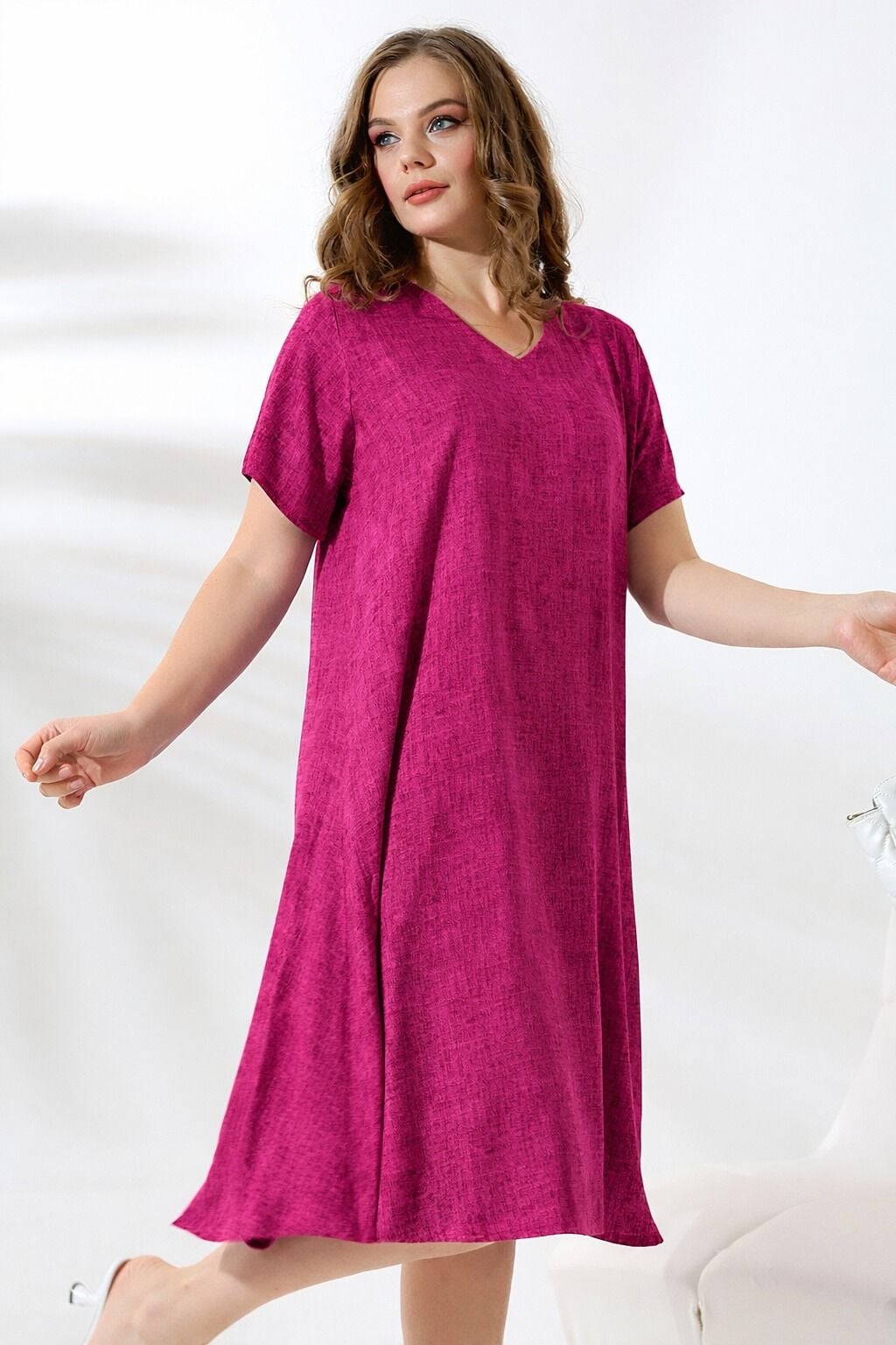 Likapa Yazlık Büyük Beden Viskon  V Yaka Kısa Kol Elbise 2688 Fuşya Pembe - L