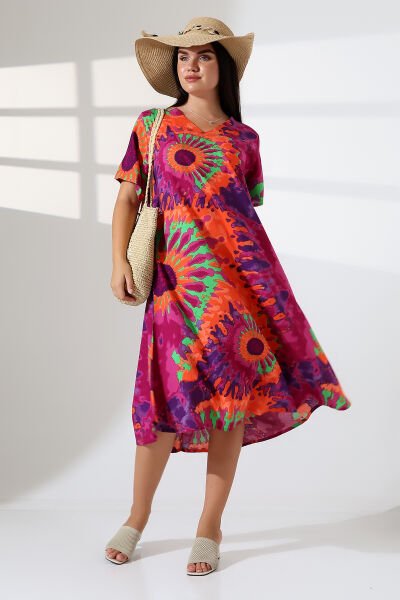 Likapa Yazlık Büyük Beden Viskon  V Yaka Kısa Kol Elbise 2688 fuşya turuncu batik - 2XL