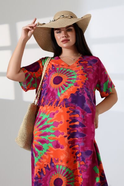 Likapa Yazlık Büyük Beden Viskon  V Yaka Kısa Kol Elbise 2688 fuşya turuncu batik - 2XL