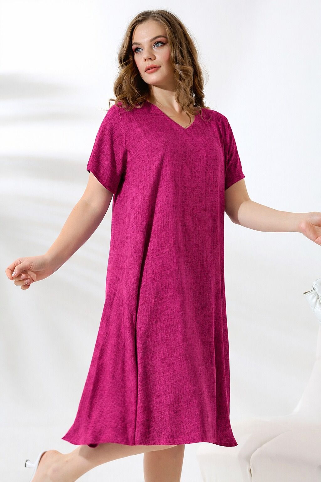 Likapa Yazlık Büyük Beden Viskon  V Yaka Kısa Kol Elbise 2688 Fuşya Pembe - 2XL