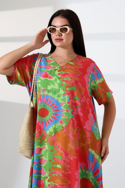 Likapa Yazlık Büyük Beden Viskon  V Yaka Kısa Kol Elbise 2688 pembe  yeşil batik - M