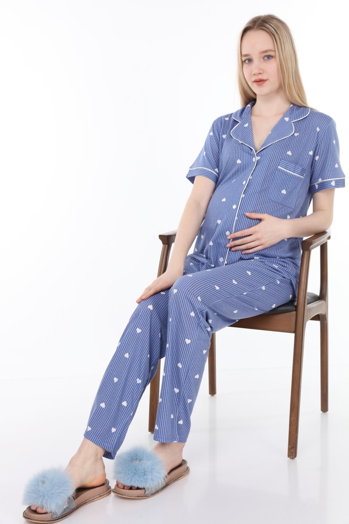 Likapa Penye Önden Düğmeli Hamile Lohusa KISA KOL PİJAMA TAKIMI ,%100 Cotton Mavi Lacivert Çizgili - L