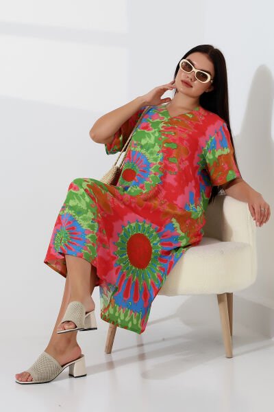 Likapa Yazlık Büyük Beden Viskon  V Yaka Kısa Kol Elbise 2688 pembe  yeşil batik - L