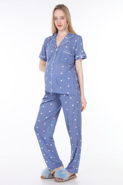 Likapa Penye Önden Düğmeli Hamile Lohusa KISA KOL PİJAMA TAKIMI ,%100 Cotton Mavi Lacivert Çizgili - XL