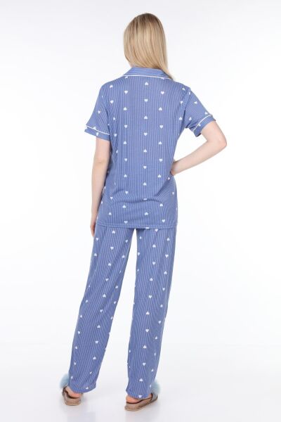 Likapa Penye Önden Düğmeli Hamile Lohusa KISA KOL PİJAMA TAKIMI ,%100 Cotton Mavi Lacivert Çizgili - XL