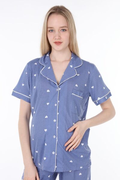 Likapa Penye Önden Düğmeli Hamile Lohusa KISA KOL PİJAMA TAKIMI ,%100 Cotton Mavi Lacivert Çizgili - 2XL