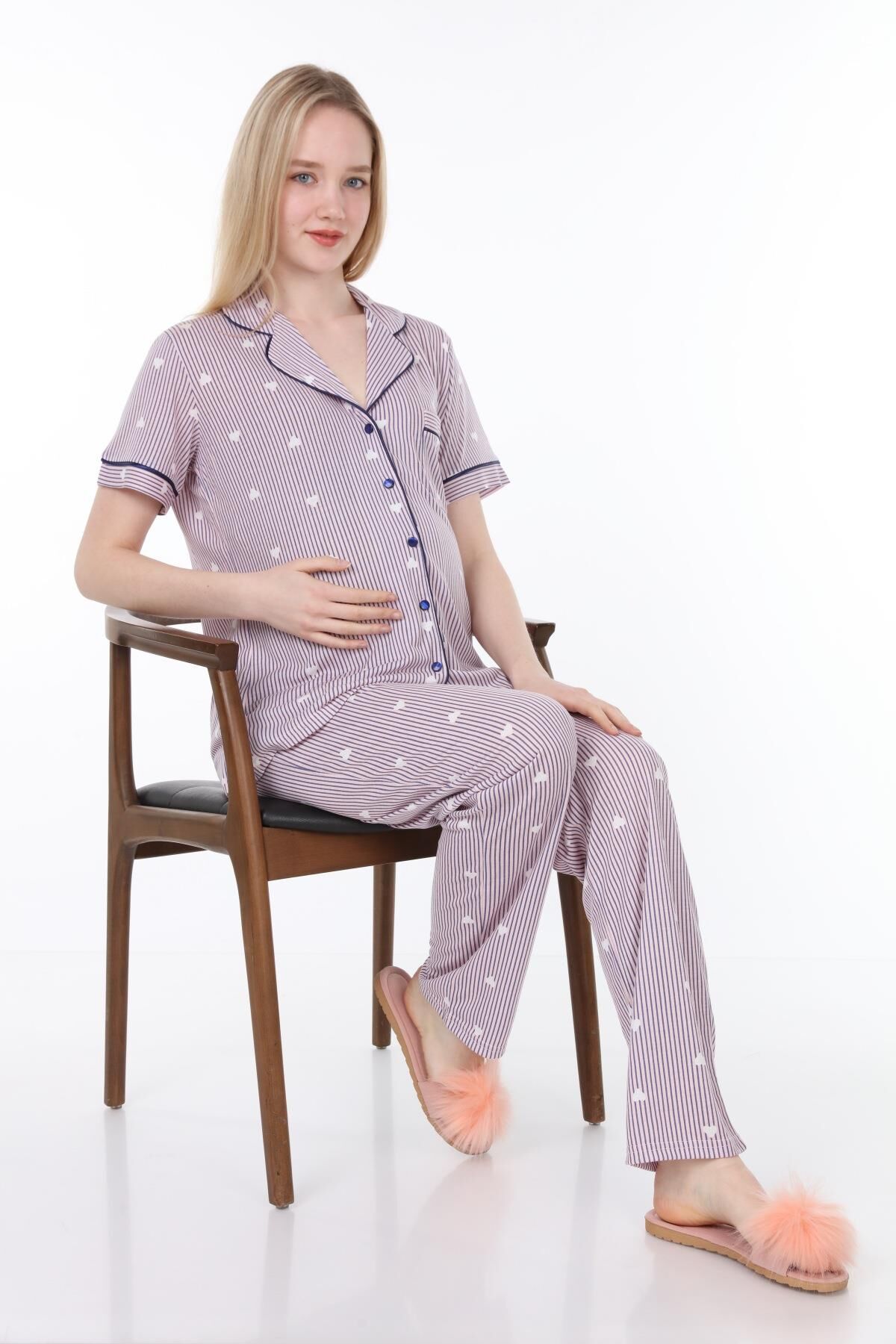Likapa Penye Önden Düğmeli Hamile Lohusa KISA KOL PİJAMA TAKIMI ,%100 Cotton Pembe Lacivert Çizgili - M