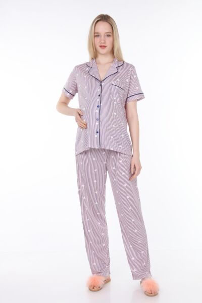 Likapa Penye Önden Düğmeli Hamile Lohusa KISA KOL PİJAMA TAKIMI ,%100 Cotton Pembe Lacivert Çizgili - M