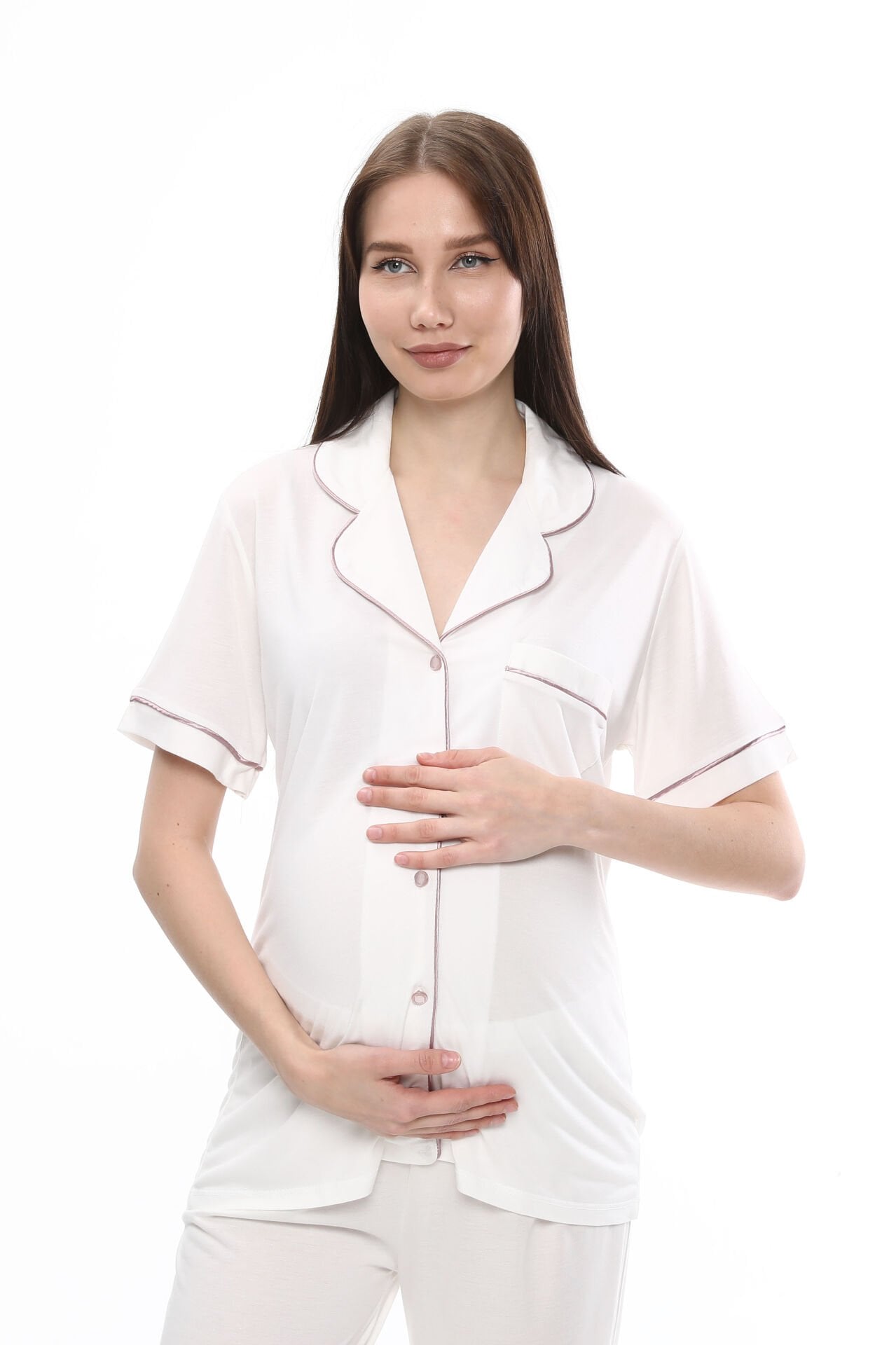 Önden Düğmeli Hamile Lohusa MEVSİMLİK KISA KOL PİJAMA TAKIMI M - Ekru