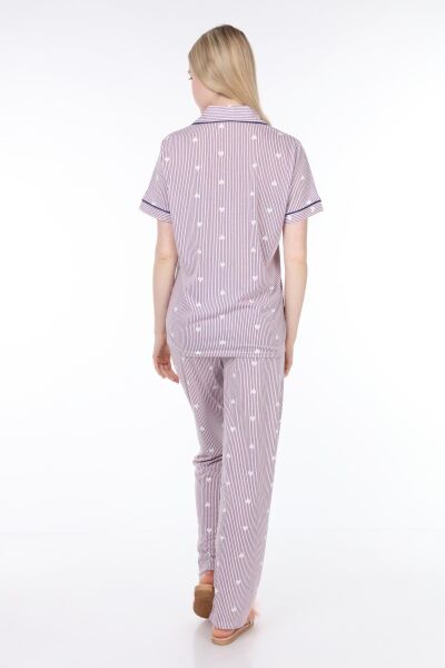 Likapa Penye Önden Düğmeli Hamile Lohusa KISA KOL PİJAMA TAKIMI ,%100 Cotton Pembe Lacivert Çizgili - 2XL