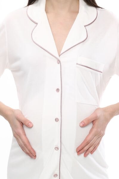 Önden Düğmeli Hamile Lohusa MEVSİMLİK KISA KOL PİJAMA TAKIMI 2XL - Ekru