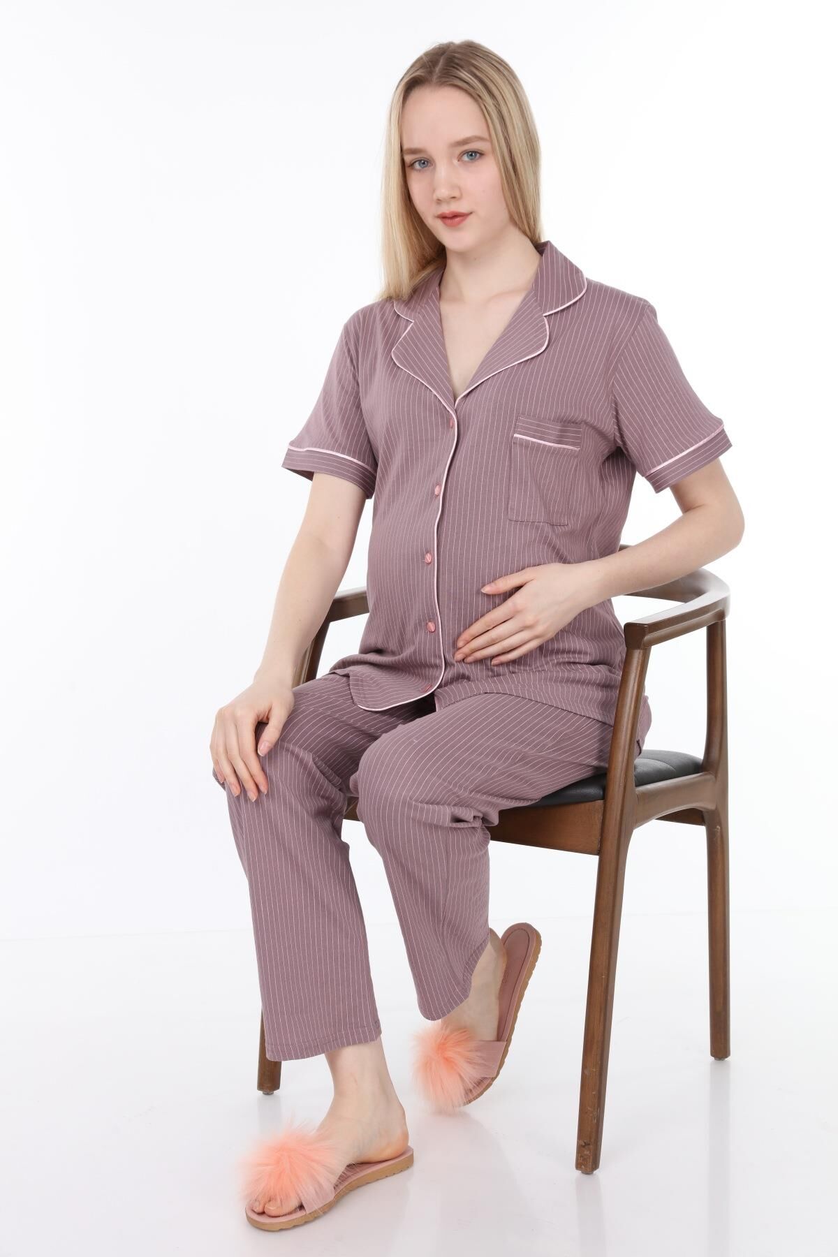 Likapa Penye Önden Düğmeli Hamile Lohusa KISA KOL PİJAMA TAKIMI ,%100 Cotton Kahve Pembe Çizgili - M