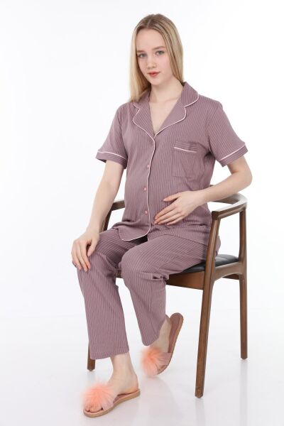 Likapa Penye Önden Düğmeli Hamile Lohusa KISA KOL PİJAMA TAKIMI ,%100 Cotton Kahve Pembe Çizgili - M