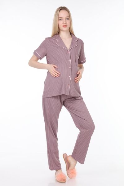 Likapa Penye Önden Düğmeli Hamile Lohusa KISA KOL PİJAMA TAKIMI ,%100 Cotton Kahve Pembe Çizgili - M