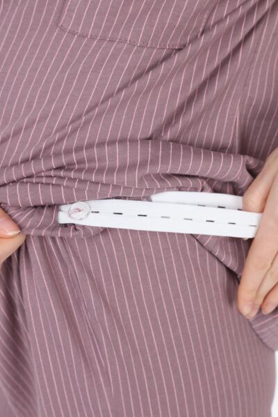 Likapa Penye Önden Düğmeli Hamile Lohusa KISA KOL PİJAMA TAKIMI ,%100 Cotton Kahve Pembe Çizgili - M