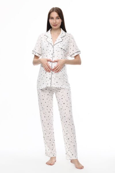 Önden Düğmeli Hamile Lohusa MEVSİMLİK KISA KOL PİJAMA TAKIMI M - Ekru Yıldız